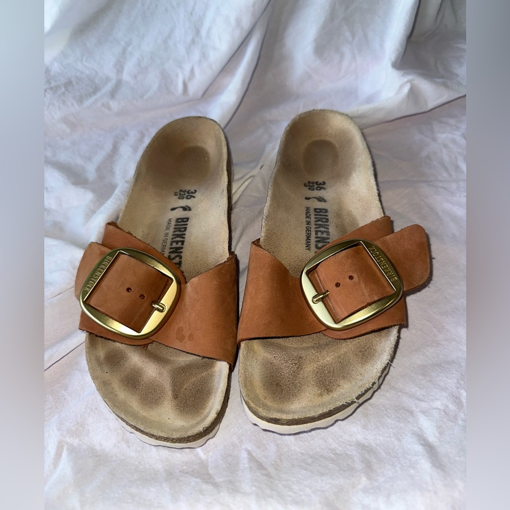 Birkenstock Brown Sandals with Gold Buckle